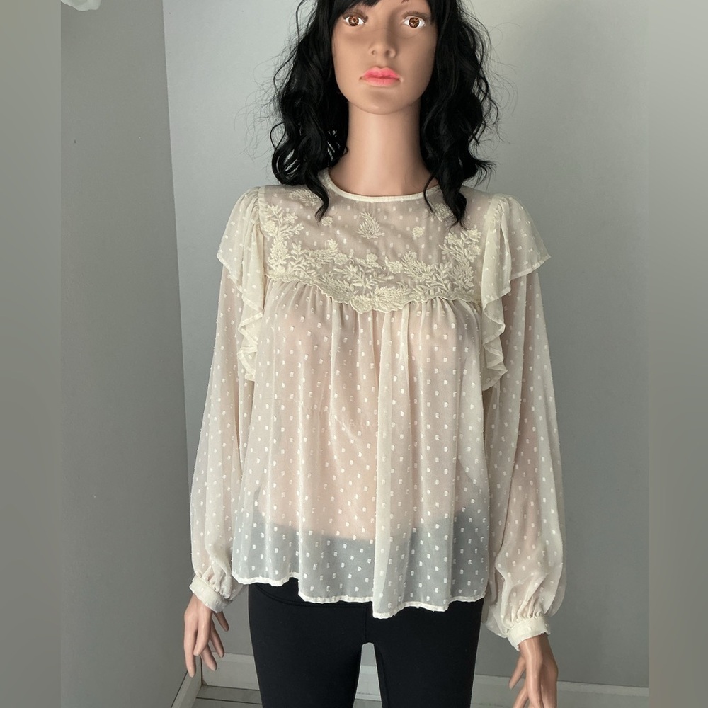 Zara Cream Sheer Blouse with Floral Embroidery